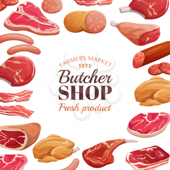Butchery poster. Fresh meat raw, beef steak and pork ham. Meat product vector background. Illustration of butcher shop and market