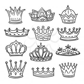 Hand drawn crowns. King, queen doodle crown and princess tiara. Vintage royal sketch isolated vector icons. Crown sketch for king and princess, queen and prince illustration