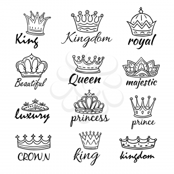 Sketch crowns. Hand drawn king, queen crown and princess tiara. Royalty vector doodle symbols and majestic logos. Illustration of king and queen, prince and emperor crowns