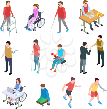 Disabled people isometric. Persons with injury in wheelchair, with prosthetic limbs, blind and elderly people. Vector isolated set. Illustration of people disabled in wheelchair, person prosthetic