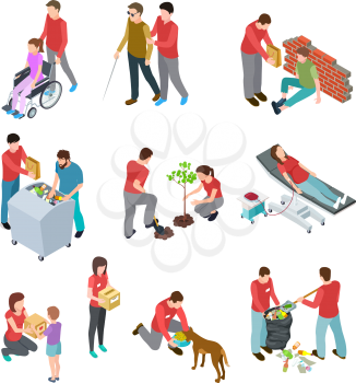 Volunteers isometric set. People caring homeless and diseased elderly. Social community service, charity humanitarian vector concept. Illustration of support and charity, help and care