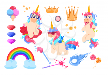 Cute unicorns set. Cartoon rainbow, magic wand and diamonds. Gold crown, stars and ice-cream. Fairy pony unicorn vector stickers. Unicorn and rainbow, magic and crown, diamond and wand illustration