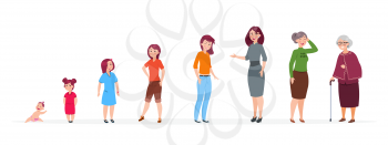Woman in different ages. Cartoon baby girl teenager, adult women elderly person. Growth stages vector family characters. Woman and grandmother, mother and baby girl illustration