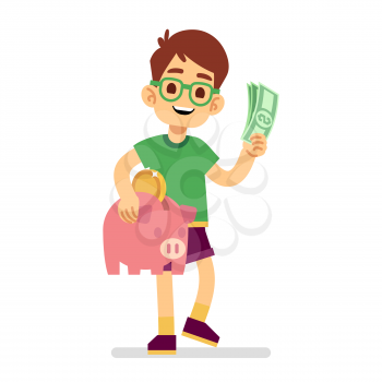 Boy saves money with piggy bank vector illustration. Piggy money, boy with cash