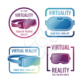 Color futuristic helmet virtual reality headset logos. Vr glasses head-mounted display vector labels. Illustration of virtual helmet, headset for vr