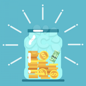 Flat money glass jar illustration. Saving money concept. Save moneybox, keep cash in glass bottle