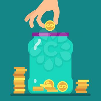 Flat money saving concept with golden coins and jar vector illustration. Illustration of save dollar in glass jar, moneybox with money