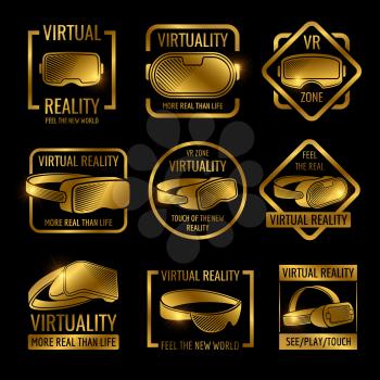 Golden virtual reality glasses and helmets label design. Vector vr logo zone, device for virtual cyberspace illustration
