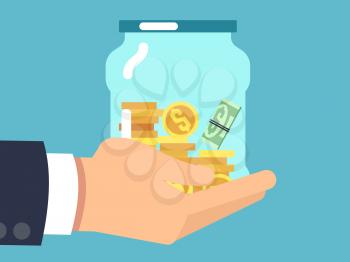 Jar with money in hand. Saving money flat vector concept. Illustration of money in glass jar