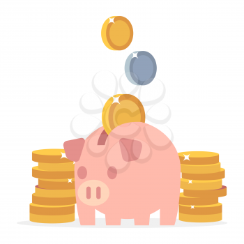 Piggy bank and coins. Flat saving money vector concept. Illustration of moneybox and piggybank with money coins