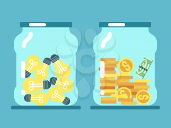 Saving money and ideas. Coins and lamps in glass jars vector illustration. Financial cash and idea in glass banks