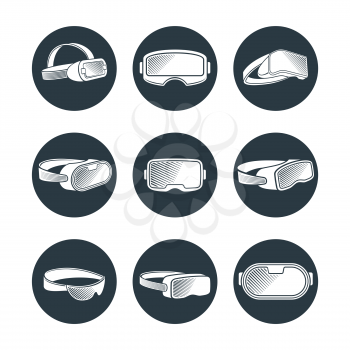 Virtual reality glasses and helmets vector icons set. Illustration of vr device, virtual helmet for cyberspace game