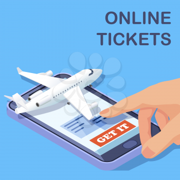 Airline online tickets mobile app isometric vector concept. Illustration of online buy tickets to airplane