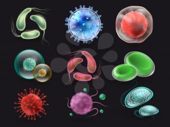 Bacteries and viruses vector set, microbiology elements isolated on black background. Collection of bacterial organism, disease microbe illustration
