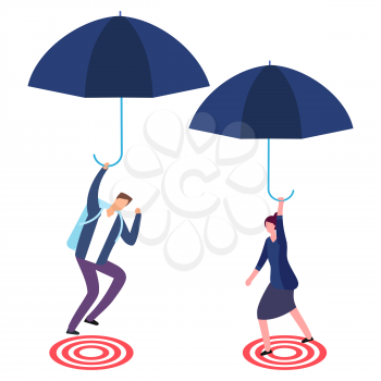 Businessman and businesswoman with umbrella aiming on target. Risky business, success and focus vector concept. Illustration of business target aim