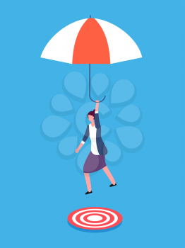 Businesswoman with umbrella aiming on target. Risky business, success and focus vector concept. Businesswoman with umbrella, target and goal illustration
