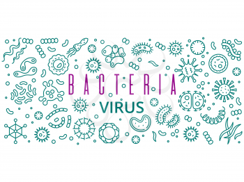 Line bacteries, viruses vector banner poster design. Bacterial and bacterium infection organism illustration