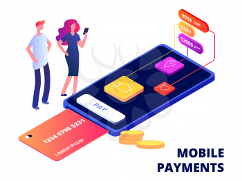 Mobile payments. Smartphone banking app, data protection and security devices vector illustration. Smartphone payment app, pay banking