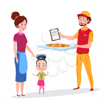 Baby girl and her mother rejoice pizza delivery vector illustration. Pizza delivery, courier service with box deliver
