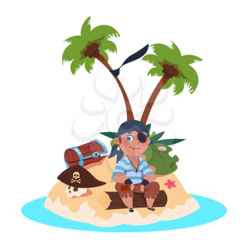 Boy pirate sits on treasure island - cartoon character vector illustration. Pirate on island, boy with treasure on sand beach