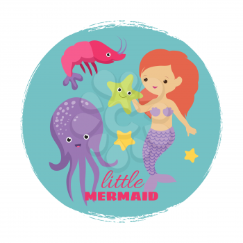 Cute cartoon little mermaid card vector template. Girl princess mythology swimming underwater illustration