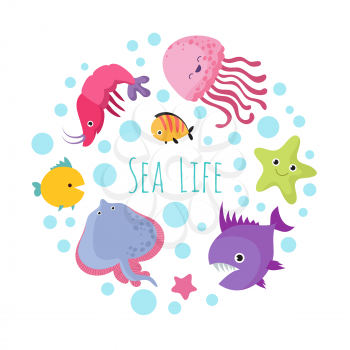Cute cartoon sea life animals isolated on white background. Sea animal, ocean fish underwater illustration