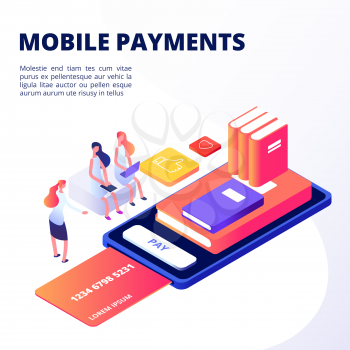 Girls buy books in mobile app with credit card vector concept. Illustration of buy in smartphone with credit card