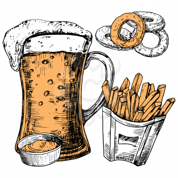 Hand drawn glass of beer and snacks vector illustration. Beer glass mug and food snack sketch