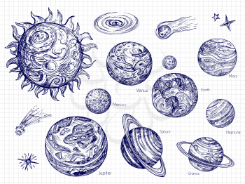 Hand drawn Solar system and space elements vector design. Illustration of galaxy space with solar system with planets