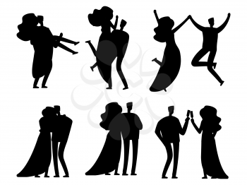 Happy married couples sihouettes vector design isolated. Silhouette couple black, wedding marriage female and male illustration
