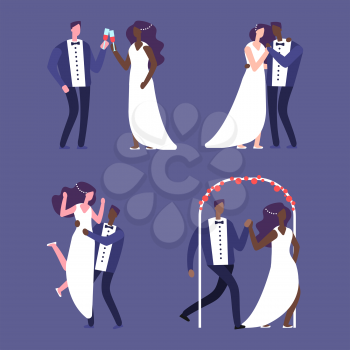 Interracial marriage, wedding couples vector characters. Couple marriage, love husband and bride illustration