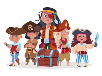 Pirates kids team and treasure chest vector isolated on white background. Crew of pirate, buccaneer character with chest illustration