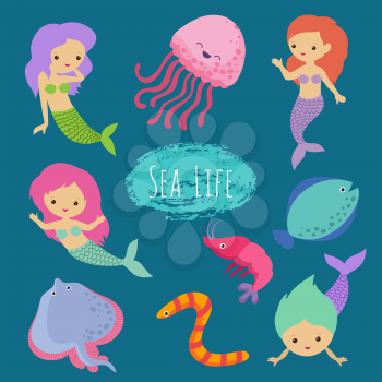 Sea life cartoon character animals and mermaids vector design. Mermaid girl princess, ramp and worm, shrimp and jellyfish illustration