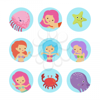 Sealife cartoon characters icons vector of set. Illustration of jellyfish and mermaid girl, character princess sea