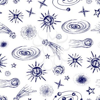 Space elements, planets, stars, asteroids seamless pattern. Space planet and asteroid, comet in galaxy. Vector illustration