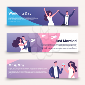Wedding banners vector template with cartoon character. Illustration of wedding card invitation, banner celebration