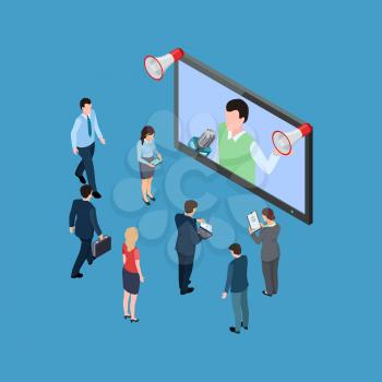 Business people with megaphones and TV show isometric vector illustration. Megaphone communication screen with advertisement