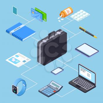 Business person suitcase and its contents isometric vector illustration. Briefcase with document, phone and credit card
