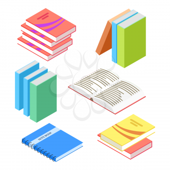 Isometric books and notepad isolated on white background. Education isometric book, 3d stack. Vector illustration