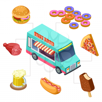 Isometric fast food truck, burger, donuts, beer, bbq vector elements. Vehicle street truck, food burger and pizza illustration