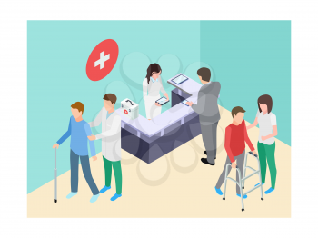 Isometric hospital registry, doctors, staff and patients vector illustration. Medical doctor and reception assistance