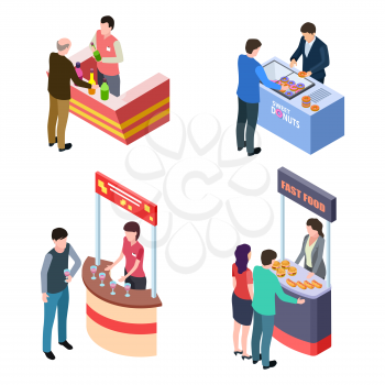 Isometric tasting food and drinks at promotional stands vector illustration. Promotion stand fast food, 3d distributor counter