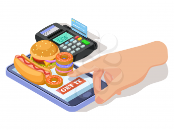Order food with phone isometric vector illustration. Order food service, mobile online app