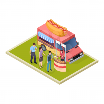 Promo hot dog and beer tasting and fast food truck isometric vector illustration. Hot dog and beer degustation and promotion