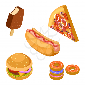 Tasty fast food isolated on white background. Isometric burger, ice cream, pizza, donuts and hot dog vector. Illustration of fast food lunch, 3d delicious sandwich