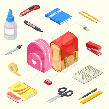Vector illustration of isometric stationeries and school backpacks. Stationery collection marker and compasses, stapler and pencil