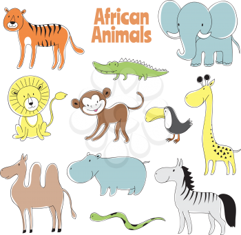 Doodle animals. African baby animal lion, monkey and crocodile, elephant and giraffe, zebra and hippo vector characters. Illustration of hippo and crocodile, alligator african, giraffe africa