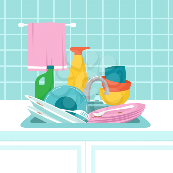 Kitchen sink with dirty plates. Pile of dirty dishes, glasses and wash sponge. Vector illustration. Dirty plate and dish, household work