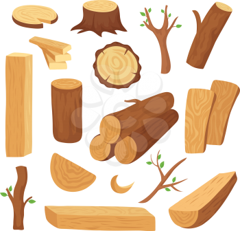 Wood log and trunk. Cartoon wooden lumber, plank. Forestry construction materials vector isolated set. Wood timber, wooden material illustration