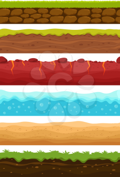 Seamless grounds. Soils, water and land levels with grass, sandy desert. Cartoon vector endless textures set. Illustration of ground and soil horizontal, water and grass for game surface